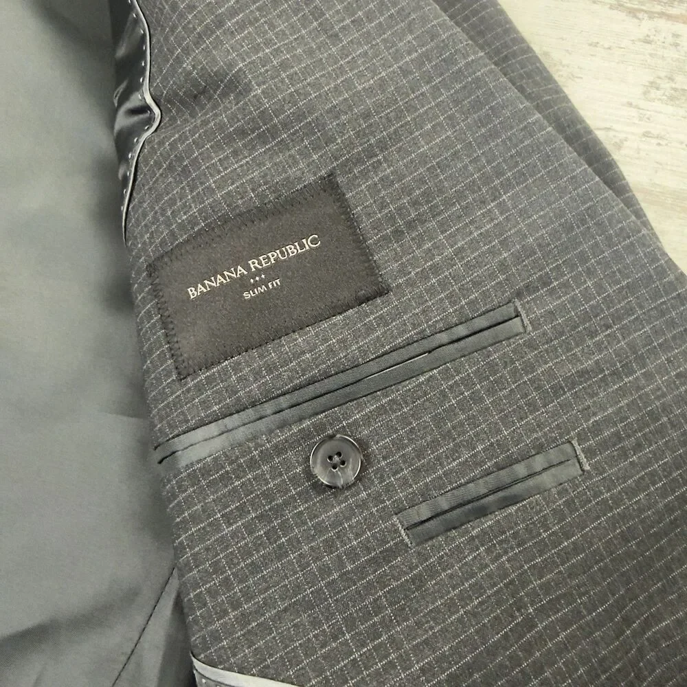 Banana Republic Men 2pc Suit 44R 36x31 Gray Grid Check Slim Fit Polyester Rayon